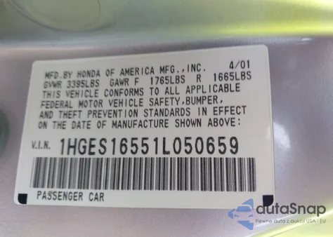 2001 Honda Civic Lx from USA, damaged, VIN 1HGES16551L050659